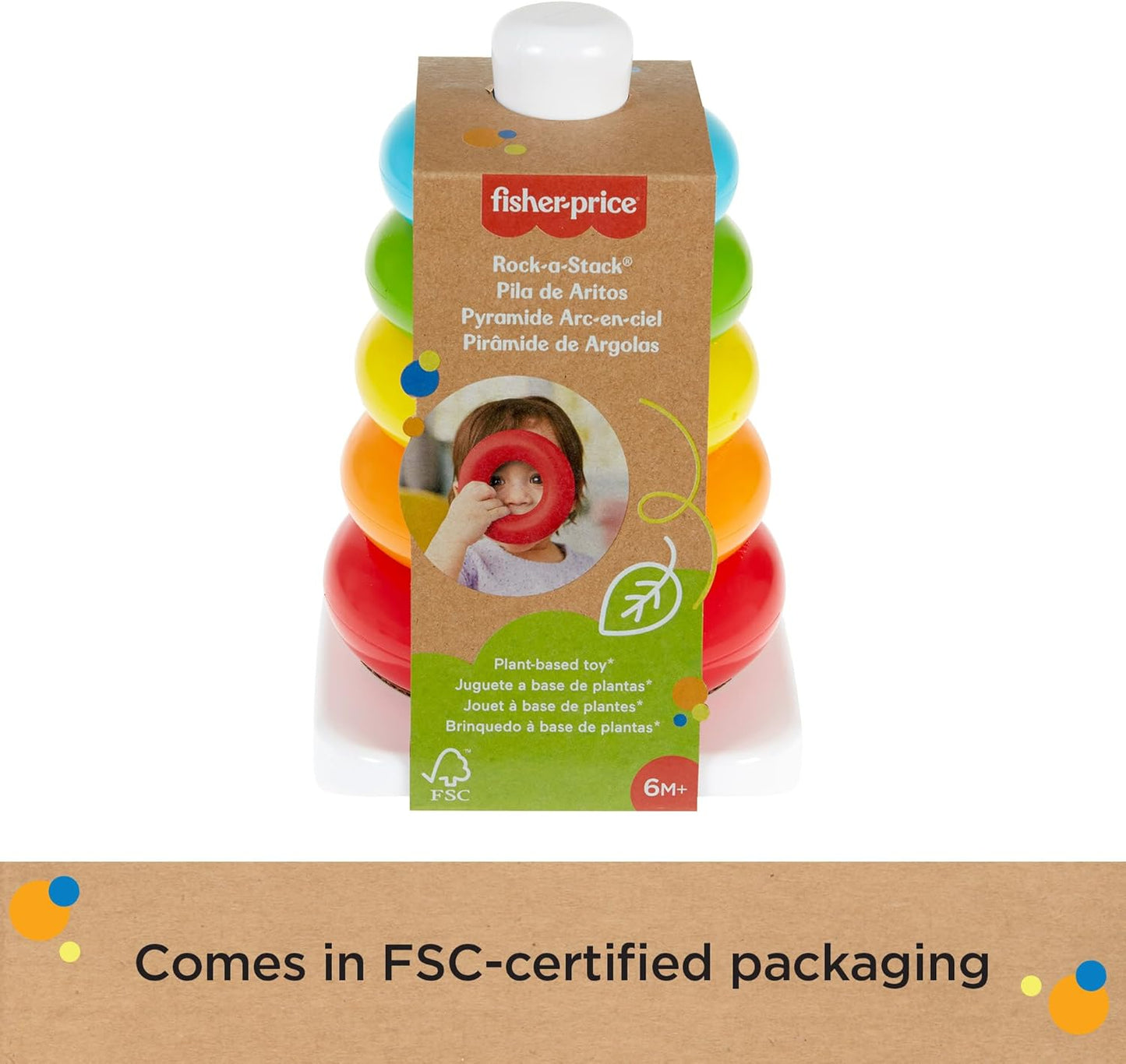 Fisher-Price Rock-a-Stack UK Edition - Classic Stacking Toy Made from Plant-Based Materials with 5 Colorful Rings for Babies 6 Months & Older