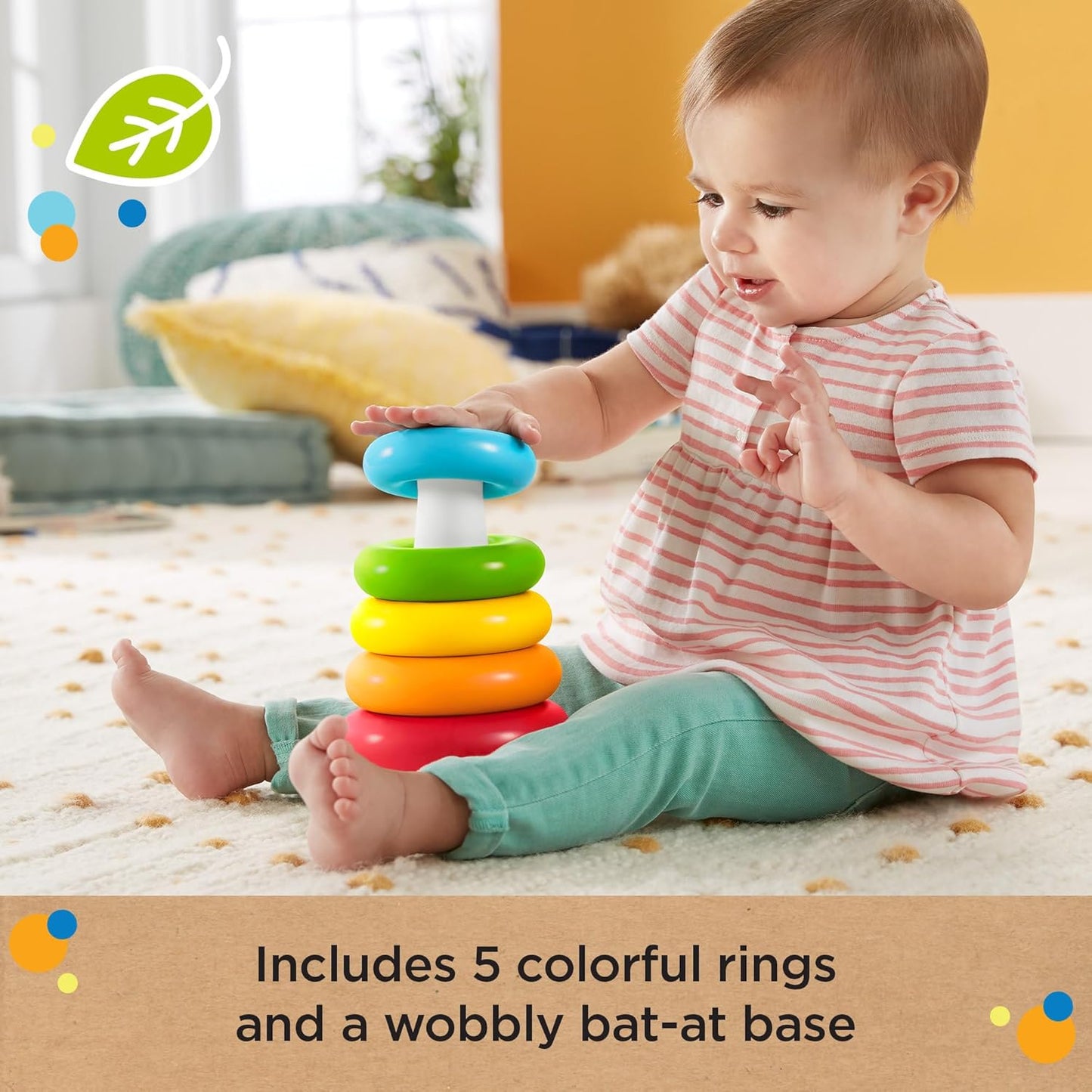 Fisher-Price Rock-a-Stack UK Edition - Classic Stacking Toy Made from Plant-Based Materials with 5 Colorful Rings for Babies 6 Months & Older