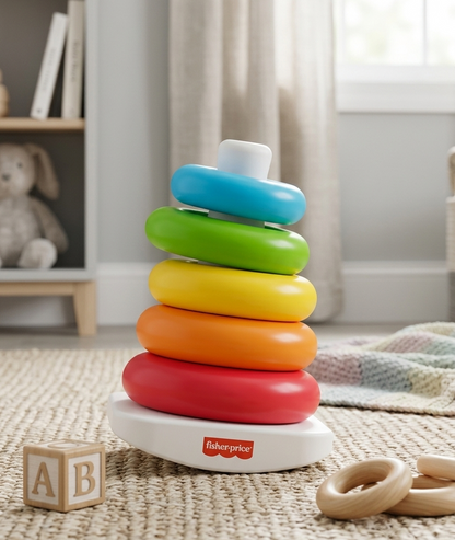 Fisher-Price Rock-a-Stack UK Edition - Classic Stacking Toy Made from Plant-Based Materials with 5 Colorful Rings for Babies 6 Months & Older